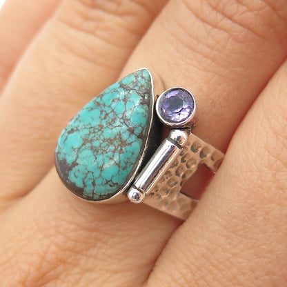 925 Sterling Silver Vintage Real Turquoise & Amethyst Modernist Ring Size 8.25