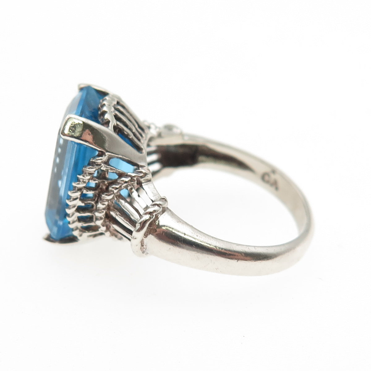 CHATEAU D'ARGENT Sterling Silver Vintage Real Emerald-Cut Blue Topaz Ring Size 6