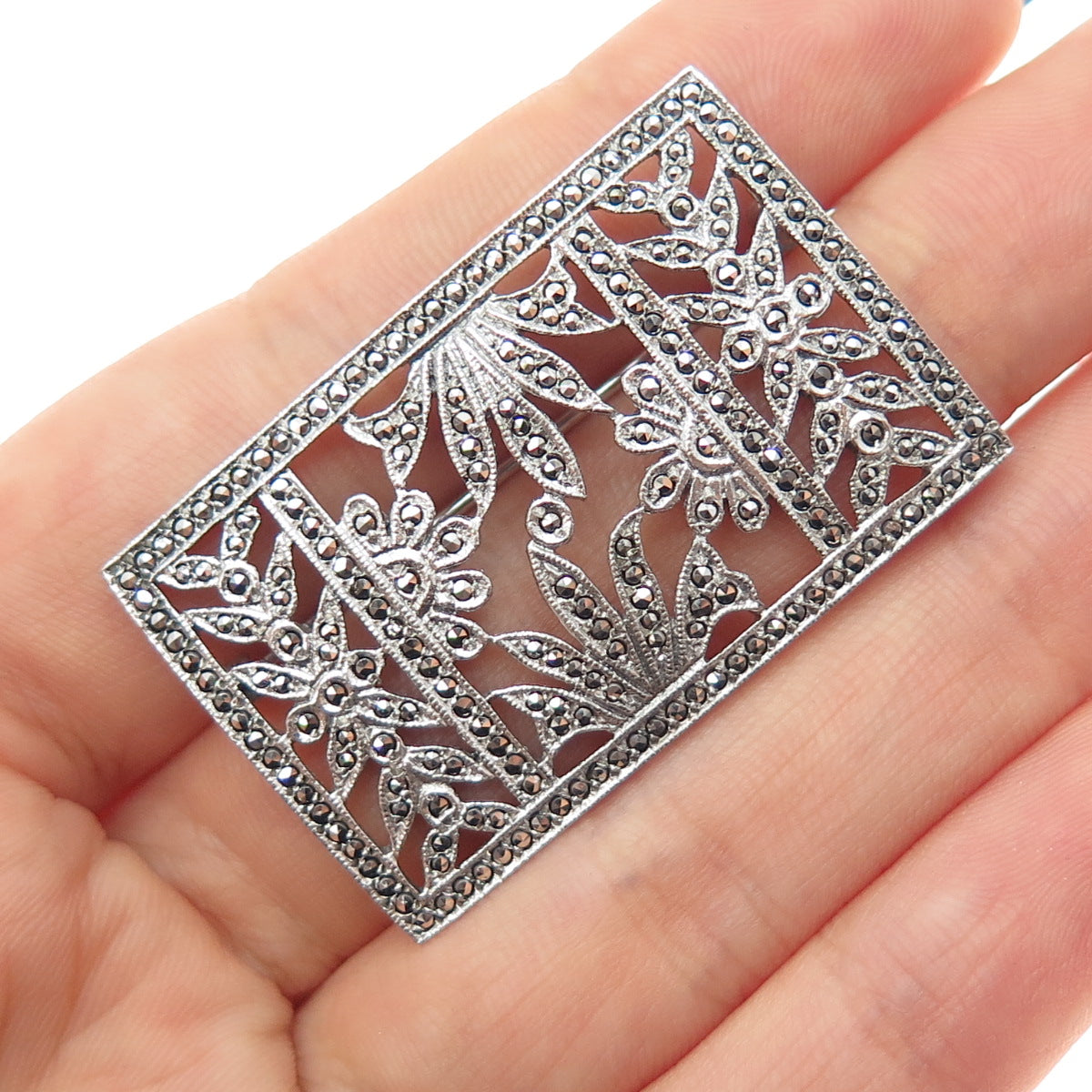 925 Sterling Silver Antique Art Deco Real Marcasite Floral Oxidized Pin Brooch