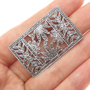 925 Sterling Silver Antique Art Deco Real Marcasite Floral Oxidized Pin Brooch