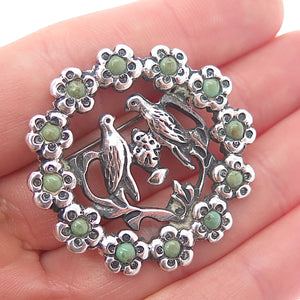 925 Sterling Silver Vintage Mexico Real Turquoise Dove Birds Flower Pin Brooch