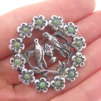 925 Sterling Silver Vintage Mexico Real Turquoise Dove Birds Flower Pin Brooch