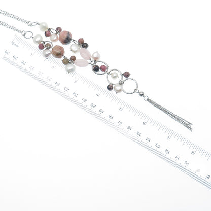925 Sterling Silver Vintage Real Pearl Quartz & Rhodonite Tassel Necklace 16-18"