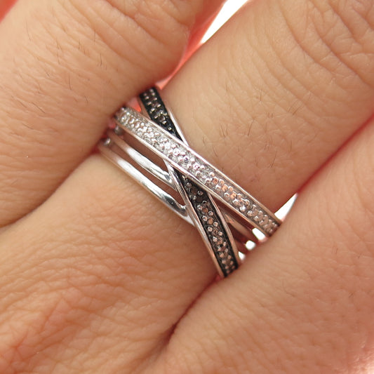 925 Sterling Silver Real Black & White Diamond Crisscross Ring Size 7