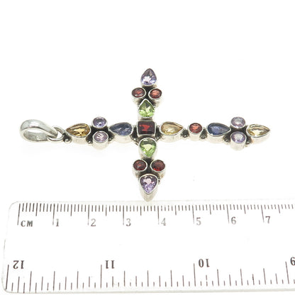 925 Sterling Silver Vintage Amethyst Garnet Citrine Peridot Iolite Cross Pendant