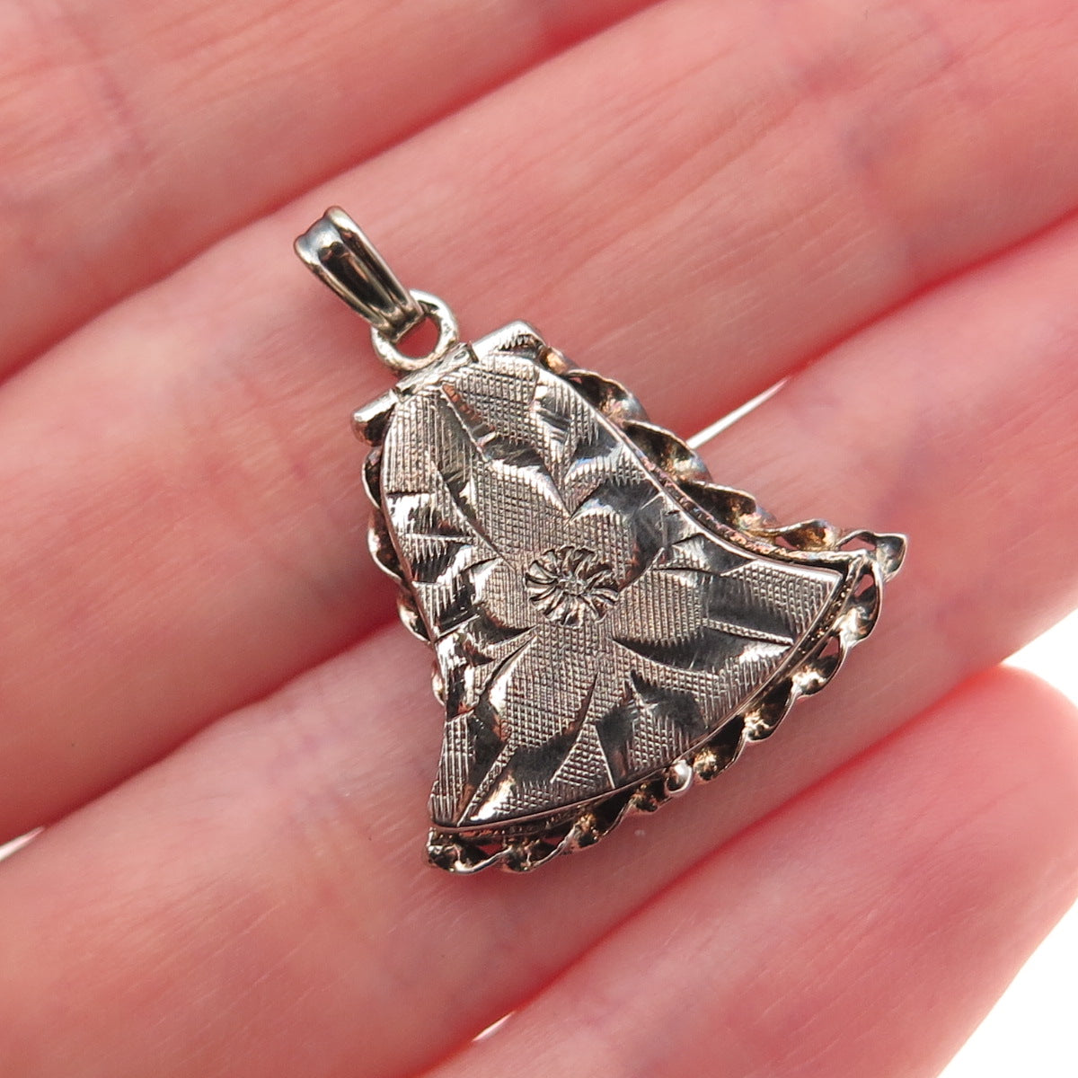 925 Sterling Silver Vintage Engraved Floral Locket Bell Oxidized Charm Pendant