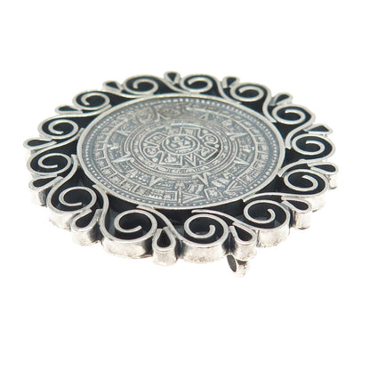 925 Sterling Silver Vintage Mexico Mayan Calendar Ornate Pin Brooch Pendant