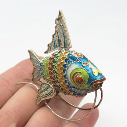 925 Sterling Silver Enamel Antique Articulated Chinese Koi Fish Chatelaine Fob