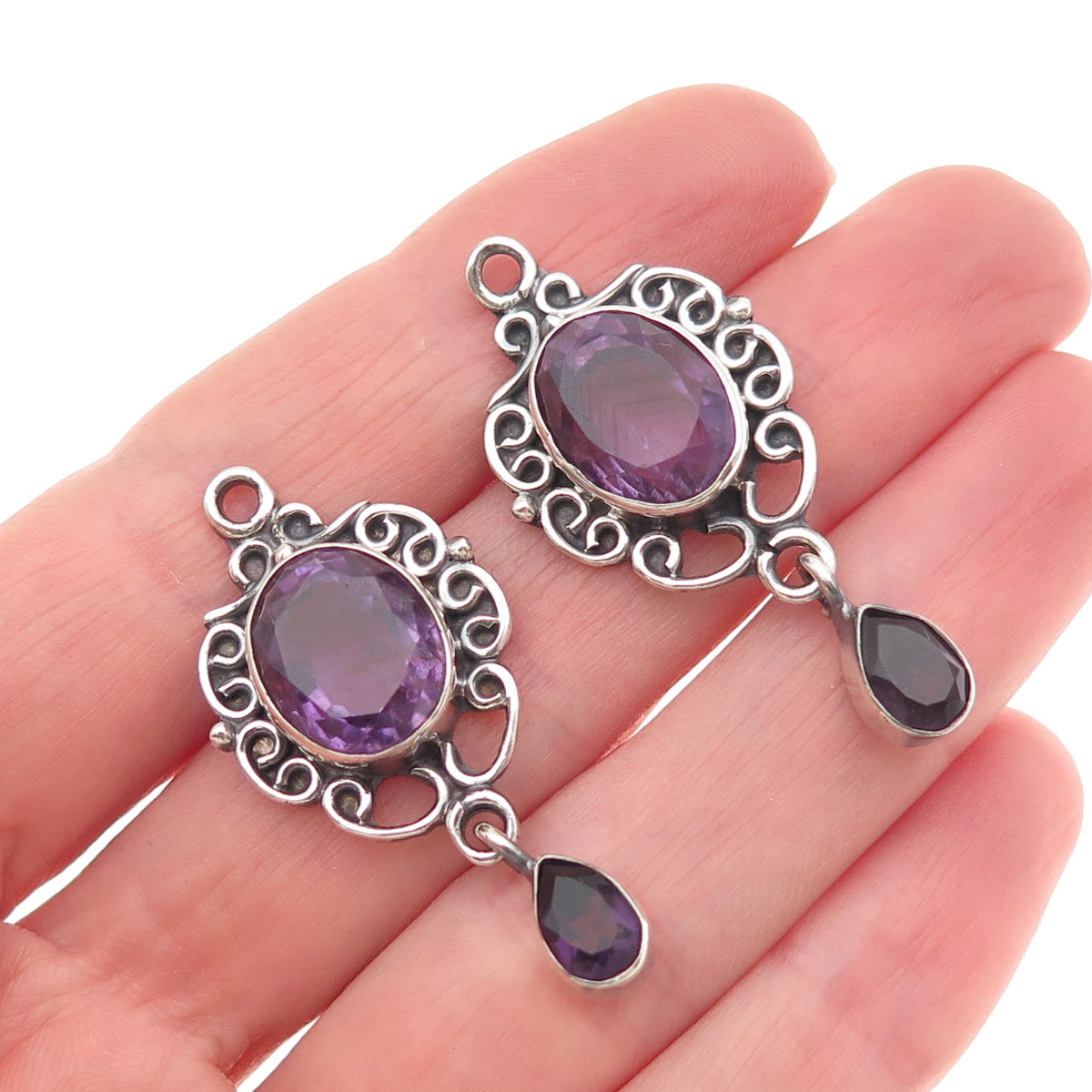925 Sterling Silver Vintage Real Amethyst Swirl Oxidized Jacket Earrings