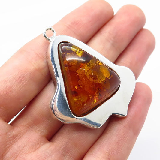 925 Sterling Silver Vintage Real Amber Modernist Pendant