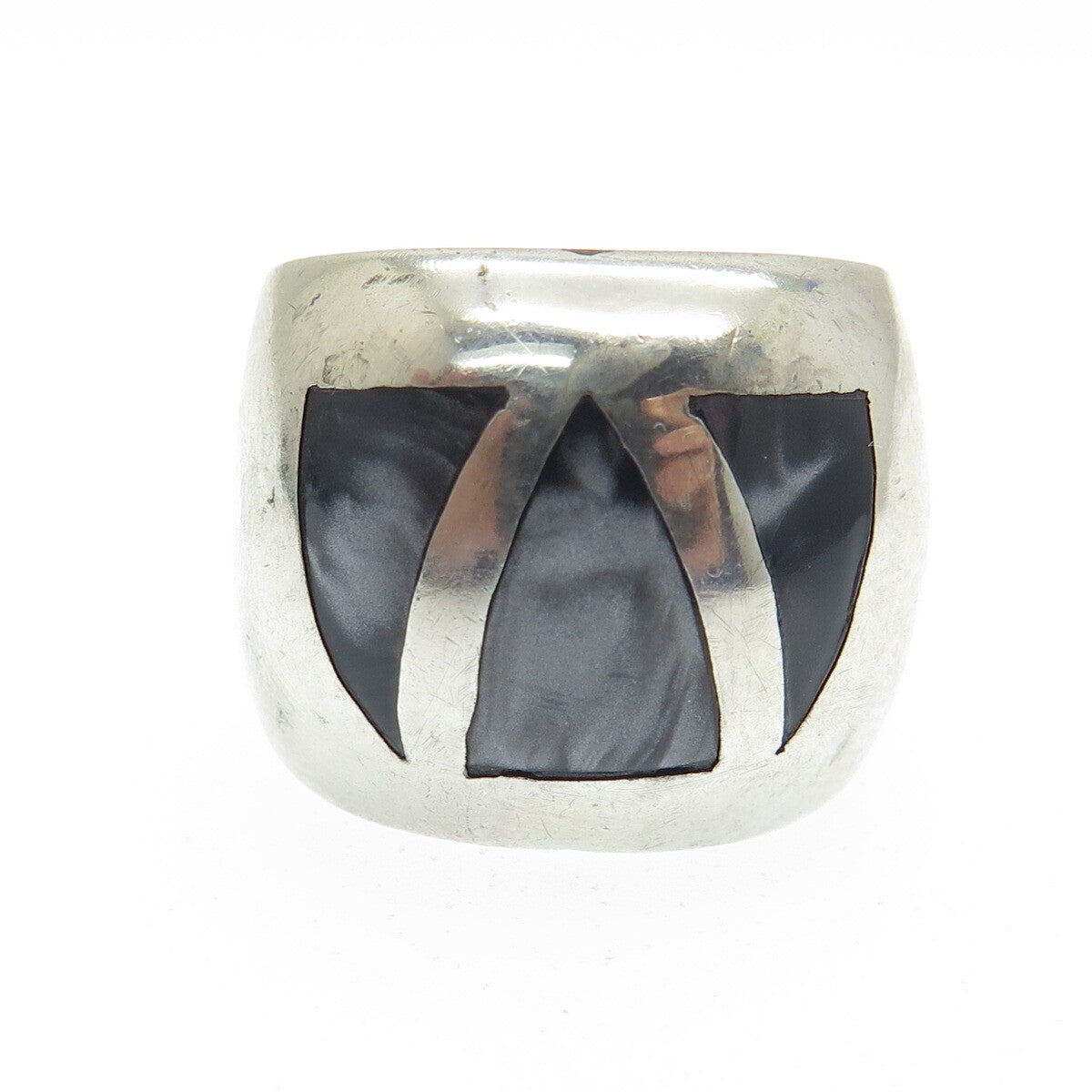 950 Silver Vintage Black Enamel Tribal Wide Ring Size 7