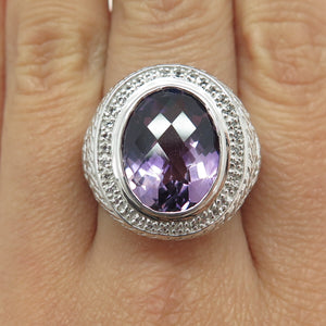 925 Sterling Silver Amethyst & White Topaz Gem Engraved Dome Ring Size 7.25