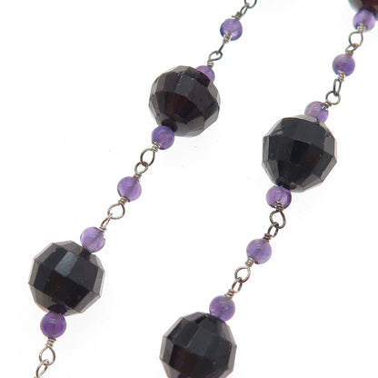 925 Sterling Silver Vintage Real Red Garnet & Amethyst Beaded Chain Necklace 16"