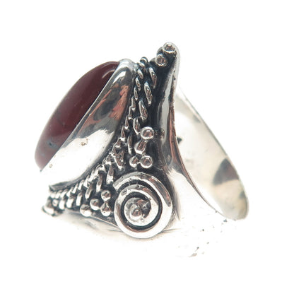 925 Sterling Silver Vintage Real Red Jasper Spiral Beaded Oxidized Ring Size 10