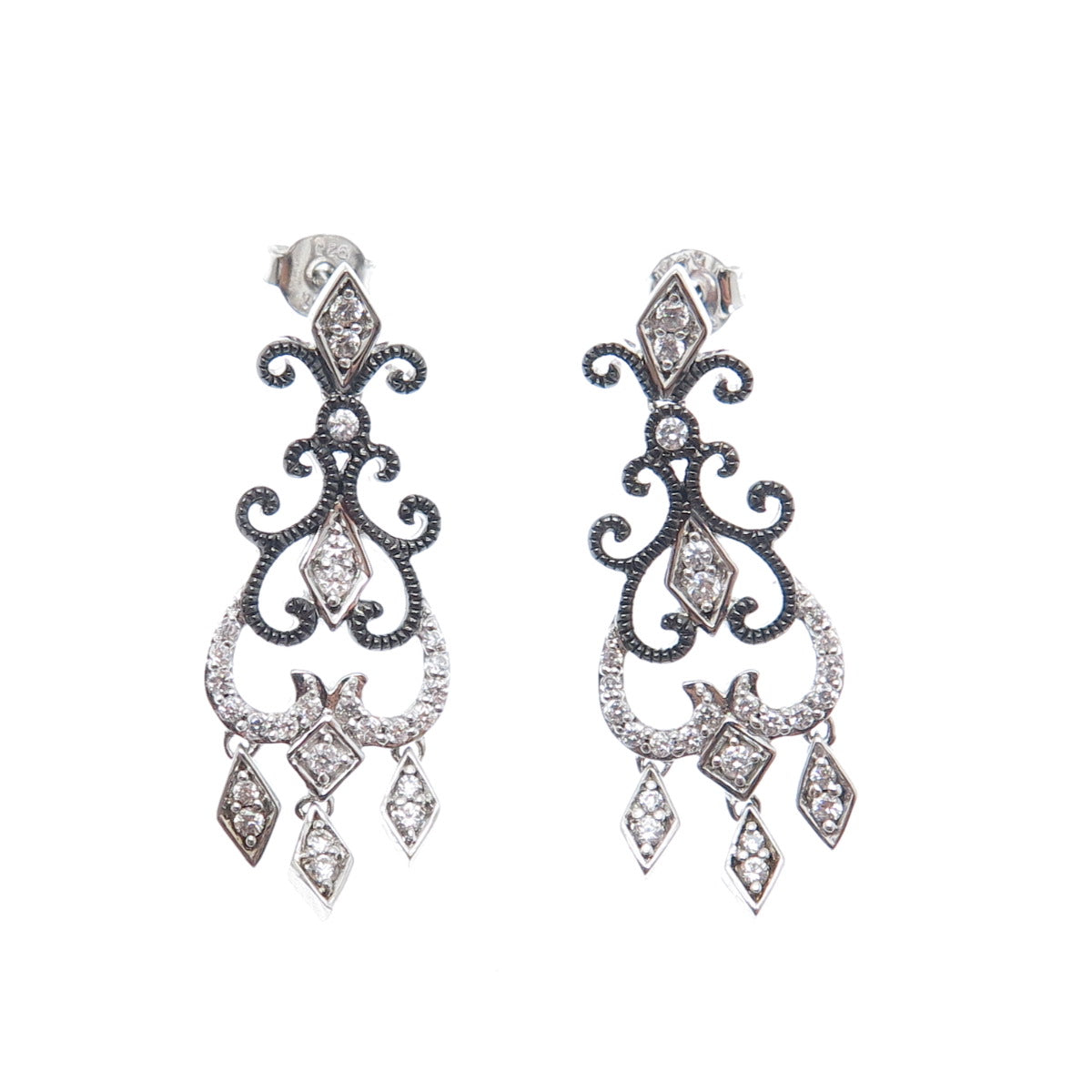 925 Sterling Silver Black Rhodium Round-Cut C Z Chandelier Dangle Earrings