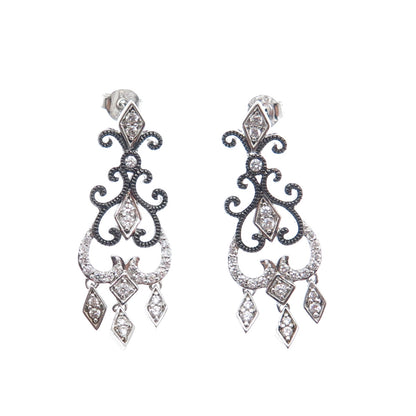 925 Sterling Silver Black Rhodium Round-Cut C Z Chandelier Dangle Earrings