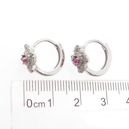925 Sterling Silver Pink & White Round-Cut Shaped C Z Cross Hoop Earrings