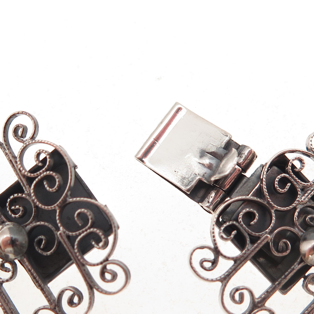 835 Silver Antique Art Deco Floral Filigree Panel Link Oxidized Bracelet 7.25"