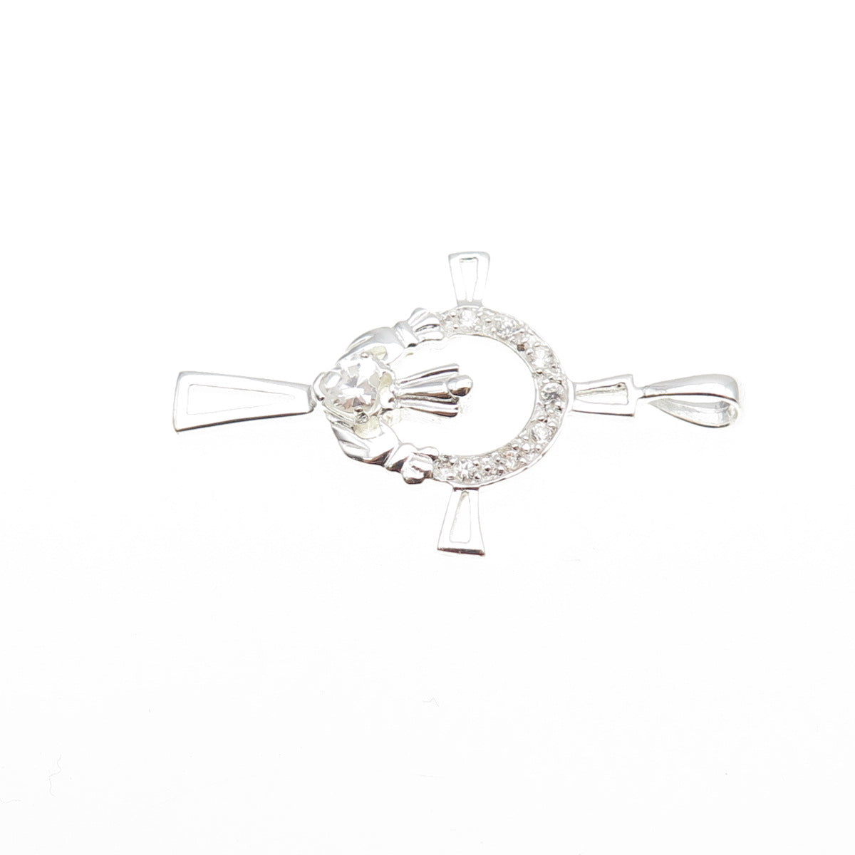 925 Sterling Silver Heart & Round-Cut C Z Irish Claddagh Cross Charm Pendant