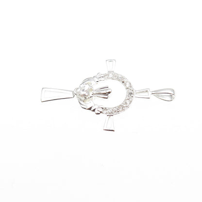 925 Sterling Silver Heart & Round-Cut C Z Irish Claddagh Cross Charm Pendant