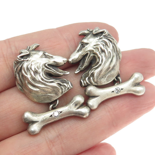 925 Sterling Silver Vintage Real Round-Cut White Diamond Collie Dog Cufflinks