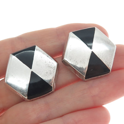 925 Sterling Silver Vintage Mexico Real Black Onyx Geometric Earrings