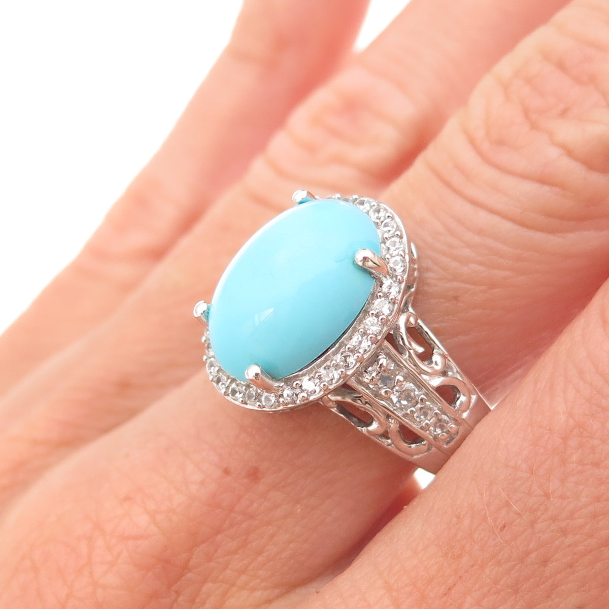 Chuck Clemency 925 Sterling Silver Real Turquoise & White Topaz Ring Size 8.25