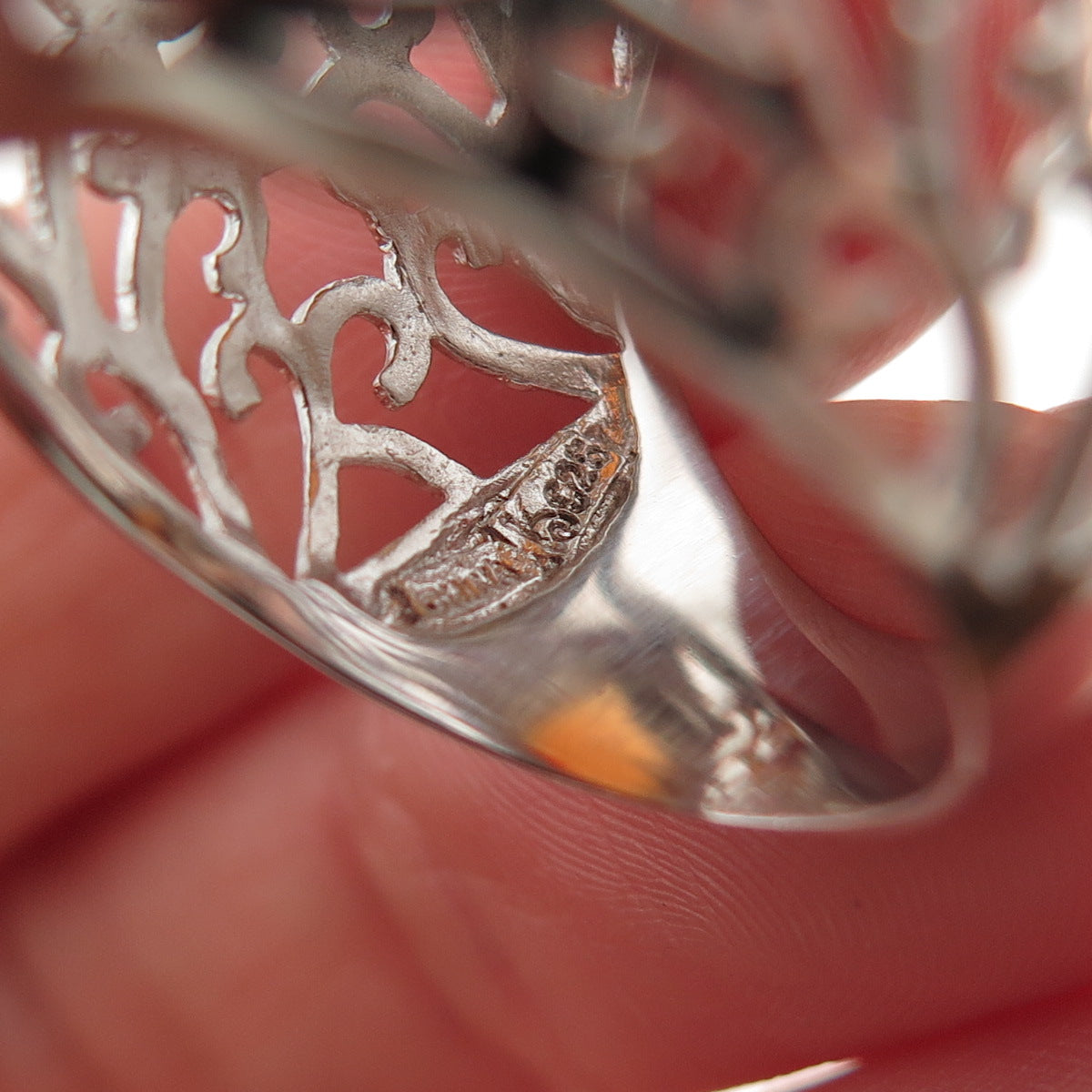 Ken Crafts 925 Sterling Silver Real Agate Floral Scroll Ring Size 7.25
