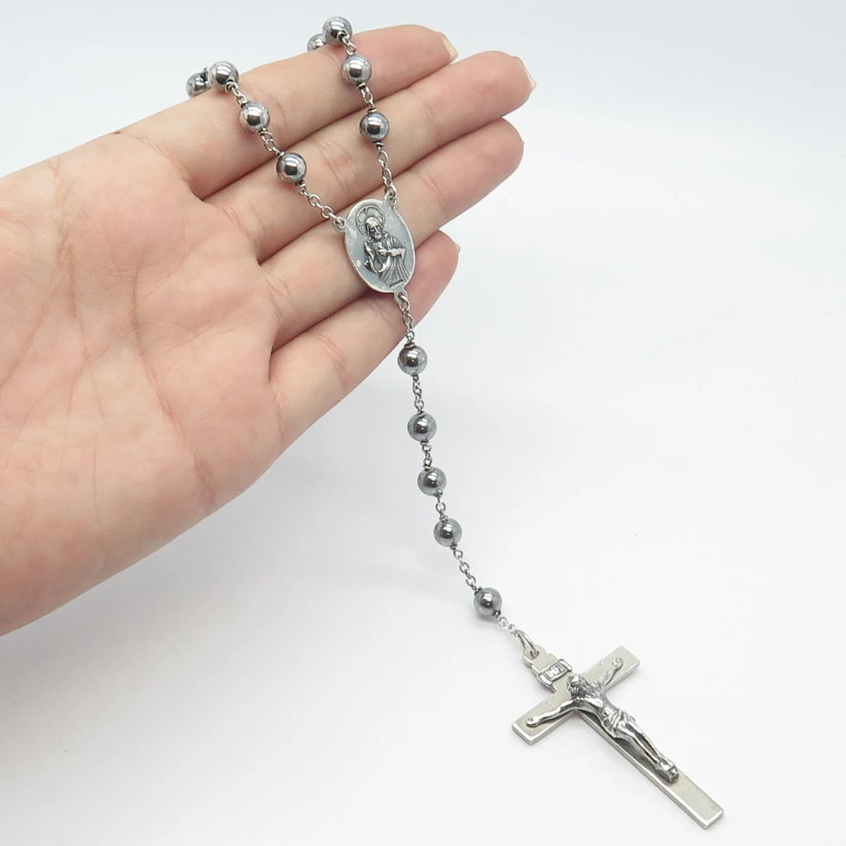 925 Sterling Silver Vintage Religious Theme Cross Ball Chain Necklace 28"