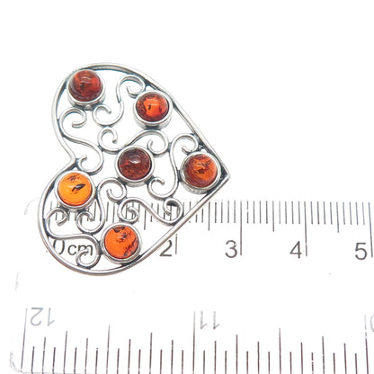 925 Sterling Silver Vintage Real Amber Modernist Swirl Heart Slide Pendant