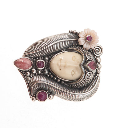 Sajen 925 Sterling Vintage Ruby Tourmaline Rhodochrosite MOP Pin Brooch Pendant