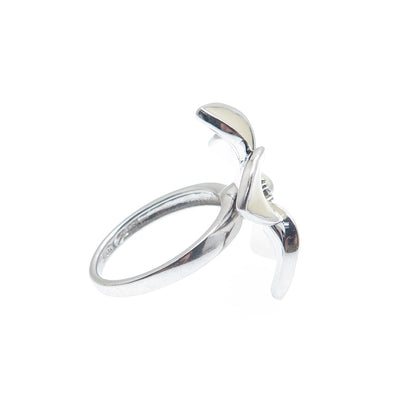 925 Sterling Silver Enamel Real Diamond Hawaiian Plumeria Flower Ring Size 7