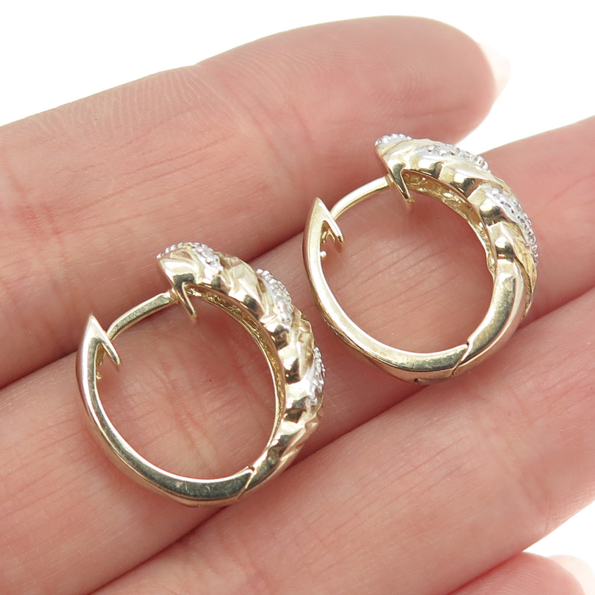 925 Sterling Silver Gold Plated Real Round-Cut Diamond Hoop Earrings