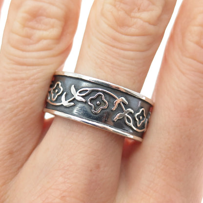 925 Sterling Silver Vintage Mexico Flower Oxidized Band Ring Size 11.25