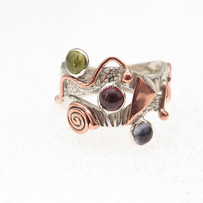 925 Sterling Silver 2-Tone Vintage Real Tourmaline Peridot Iolite Ring Size 6.5