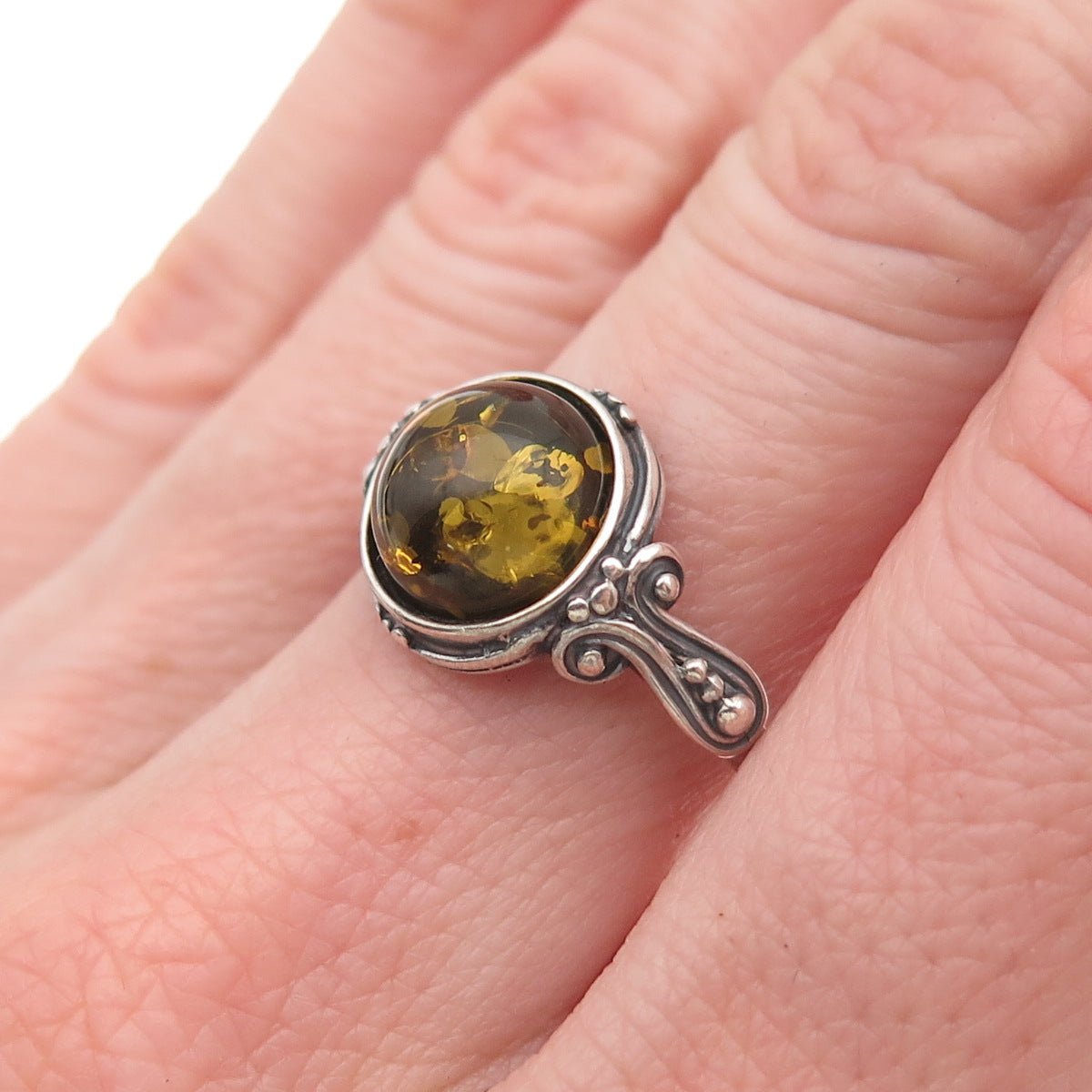 925 Sterling Silver Vintage Real Amber Oxidized Ring Size 8
