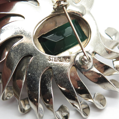 925 Sterling Silver Vintage Green Glass Modernist Pin Brooch