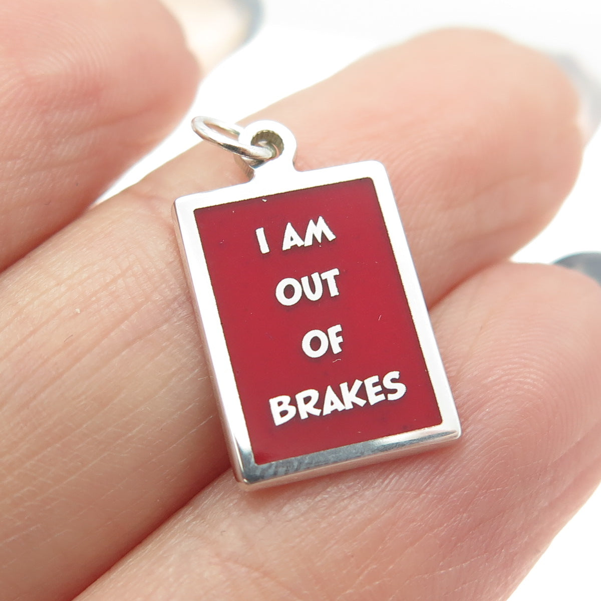 925 Sterling Silver Red Enamel "I'm Out Of Have Brakes" Minimalist Charm Pendant