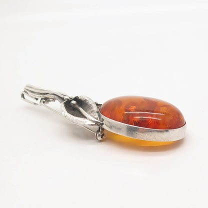 925 Sterling Silver Vintage Graciana Real Amber Floral Leaf Pin Brooch