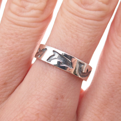 925 Sterling Silver Vintage Dolphin Oxidized Band Ring Size 6.75