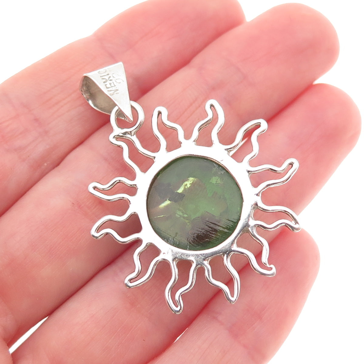 925 Sterling Silver Vintage Mexico Real Green Amber Eclipse Charm Pendant