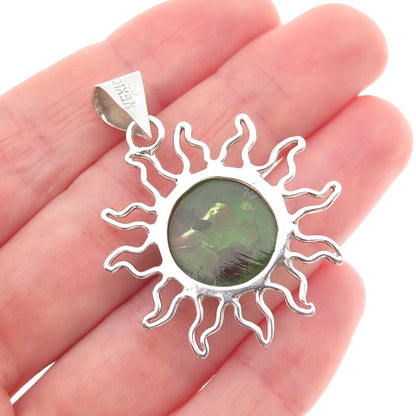 925 Sterling Silver Vintage Mexico Real Green Amber Eclipse Charm Pendant