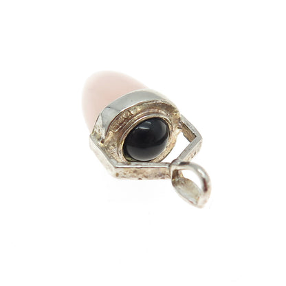 925 Sterling Silver Vintage Real Rose Quartz & Black Onyx Modernist Pendant