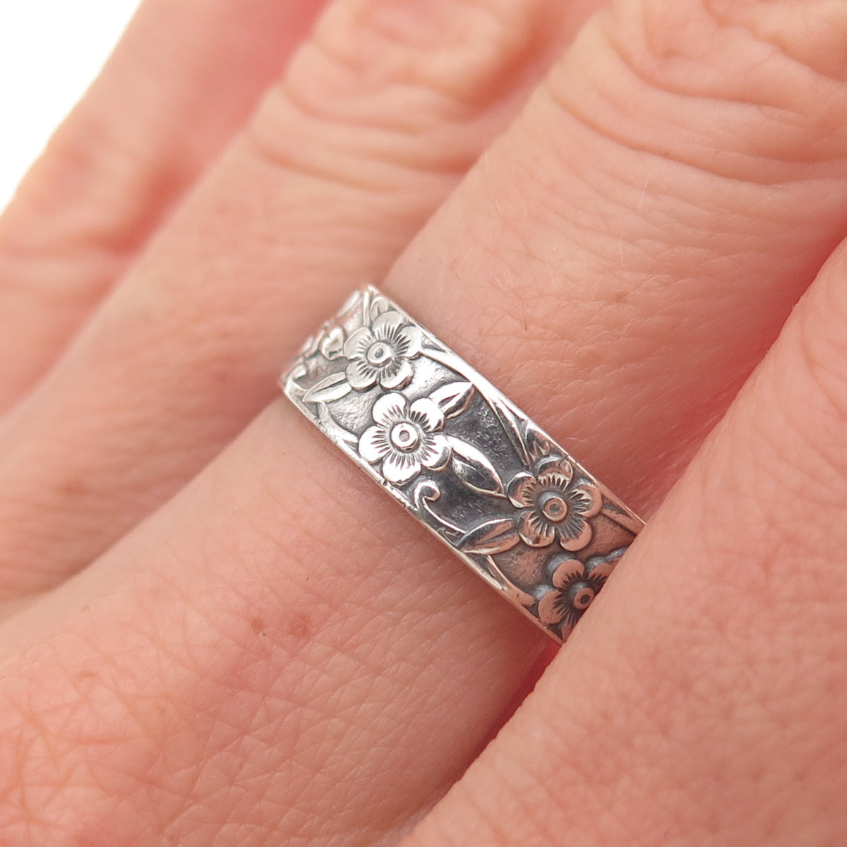 925 Sterling Silver Antique Art Deco Cherry Blossom Oxidized Ring Size 9