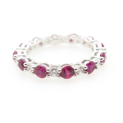 925 Sterling Silver Real Pink Sapphire & C Z All Around Eternity Ring Size 6