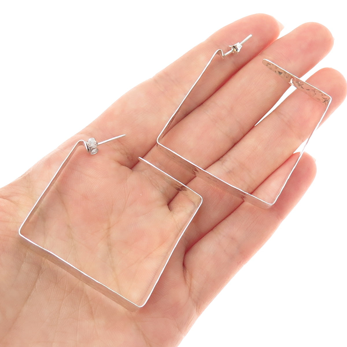 925 Sterling Silver Vintage Mexico Modernist Hammered Square Hoop Earrings