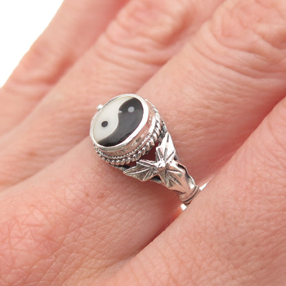925 Sterling Silver Vintage Real Black & White Onyx Yin Yang Ring Size 9.25