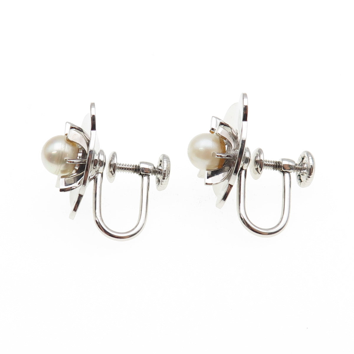 925 Sterling Silver Antique Art Deco Real Pearl Flower Screw Back Earrings