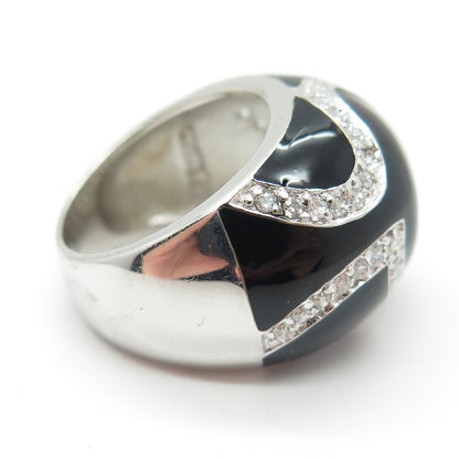 925 Sterling Silver Round-Cut Shaped C Z & Black Enamel Swirl Dome Ring Size 6