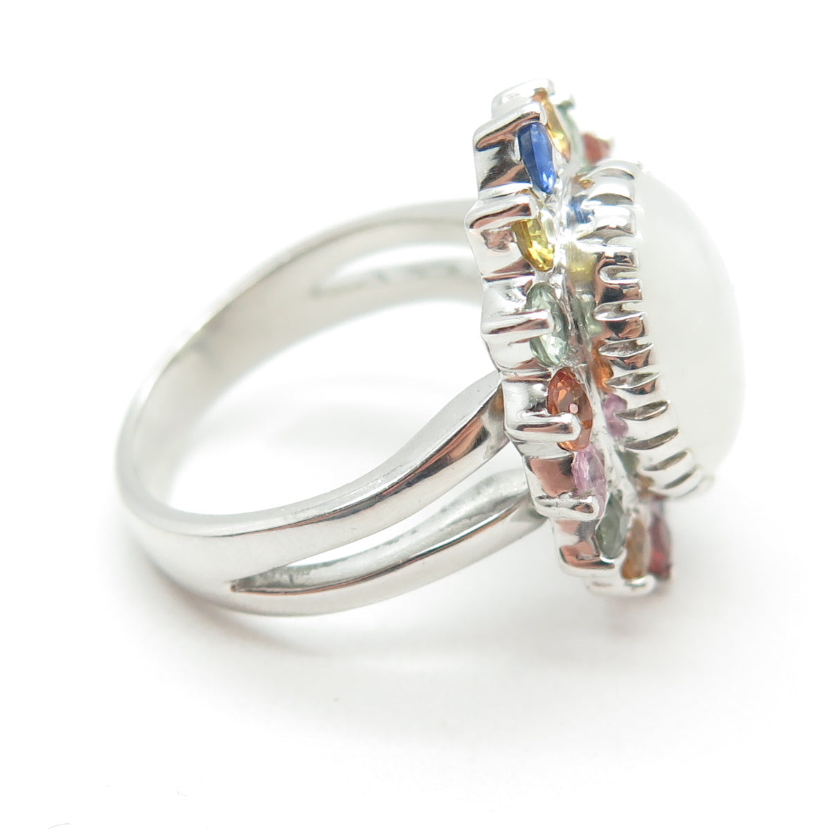 925 Sterling Silver Real Multi-Color Sapphire & Moonstone Floral Ring Size 6.75